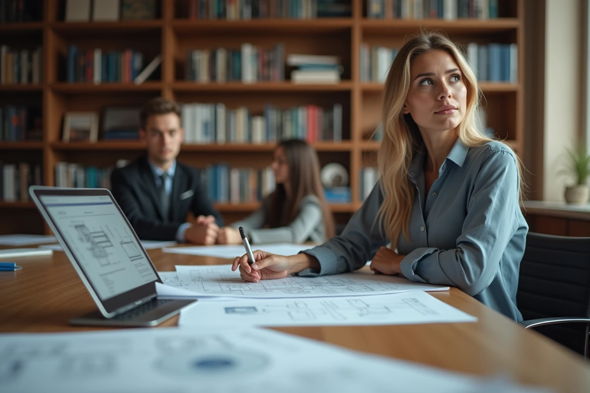 Jeune femme en réunion avec plans et tablette
