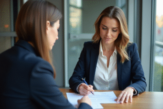 Femme en réunion avec conseiller immobilier dans un bureau moderne