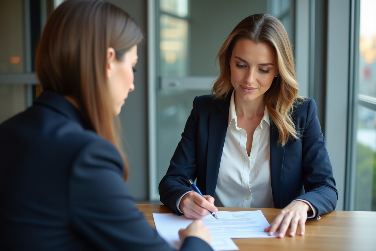 Femme en réunion avec conseiller immobilier dans un bureau moderne
