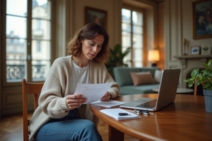 Femme française examine documents dans un intérieur parisien