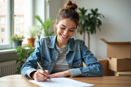 Jeune femme signant des documents d'assurance dans un appartement lumineux