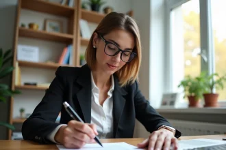 Femme signant un modèle d'offre d'achat immobilier à son bureau à domicile