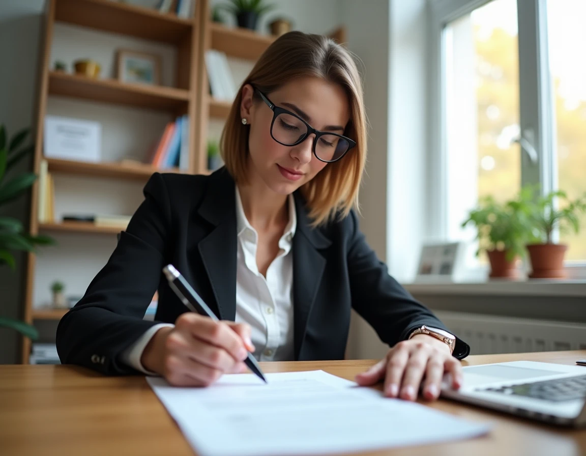 Femme signant un modèle d'offre d'achat immobilier à son bureau à domicile