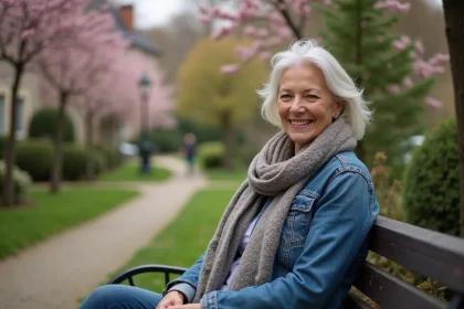 Femme souriante en denim dans un parc de Metz