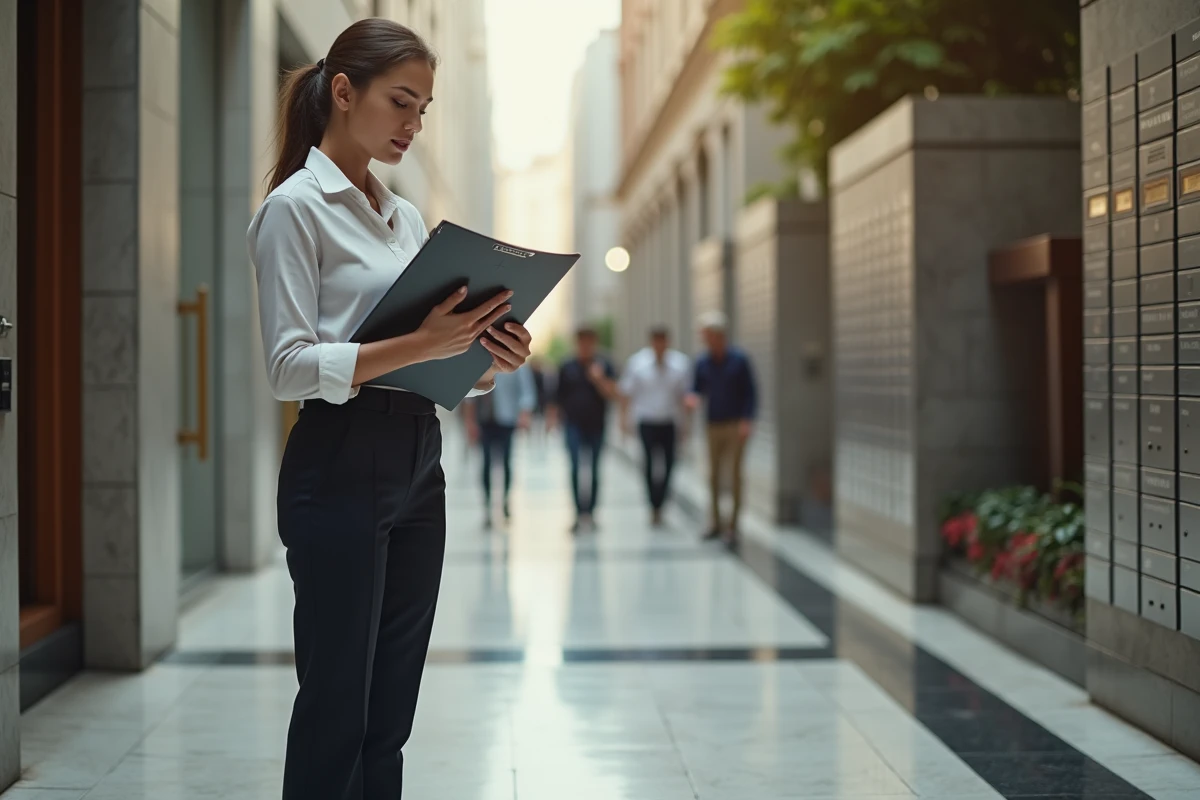Jeune femme vérifiant ses notes dans le hall d
