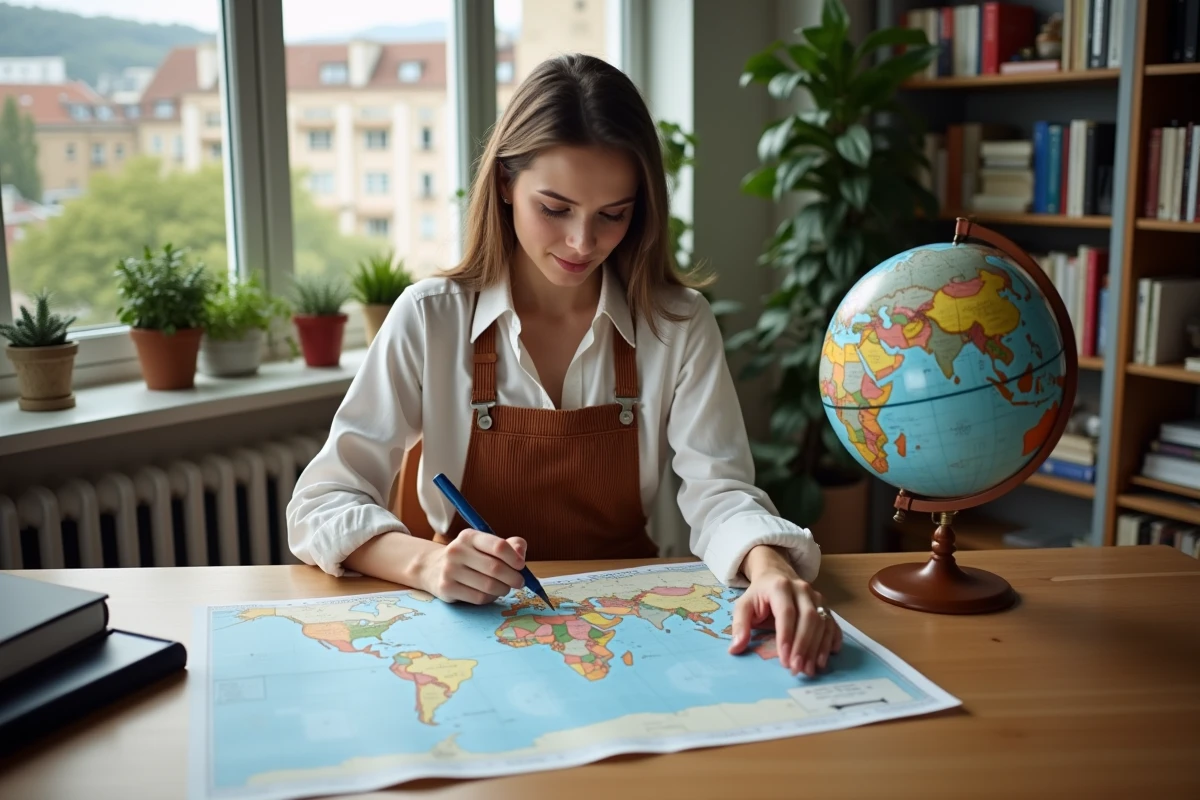 Jeune femme marquant des lieux sur une carte satellite dans un bureau