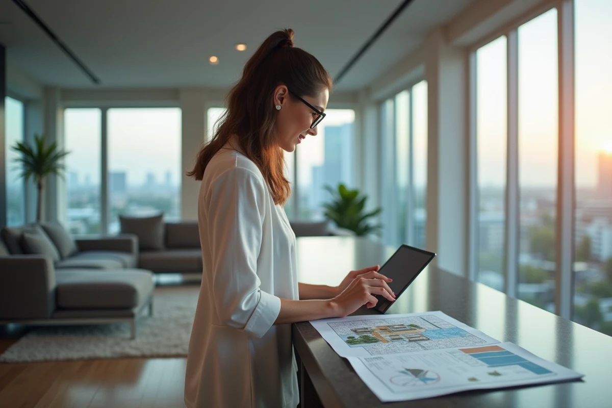 Femme professionnelle utilisant une tablette dans un appartement moderne