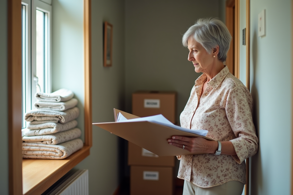 Femme retraitée regardant ses papiers dans le couloir