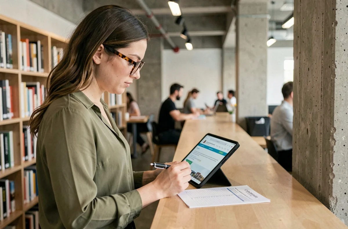 Jeune femme professionnelle vérifiant les données cadastrales en ligne sur une tablette pour sécuriser son premier achat immobilier