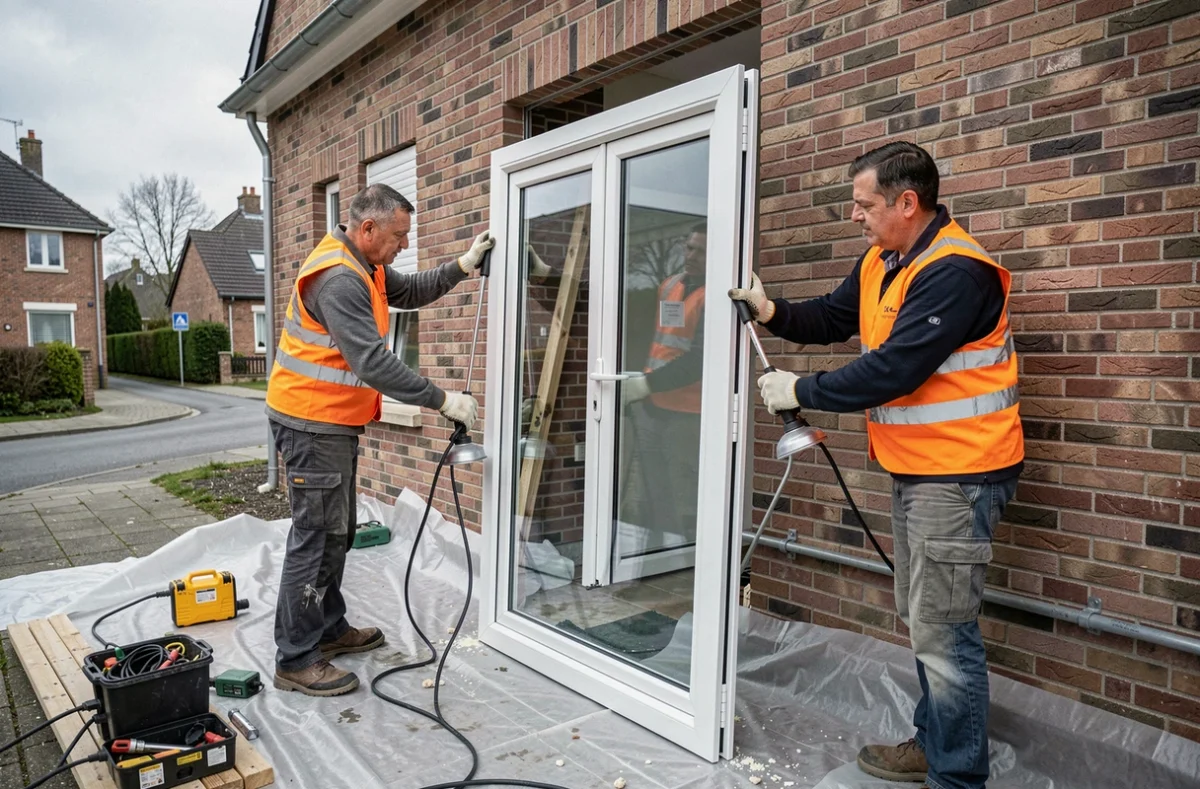 Deux installateurs de Fermetures du Nord posant une fenêtre double vitrage en PVC sur une maison à Sequedin