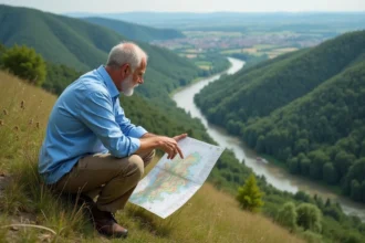 Géographe examinant une carte topographique en plein air