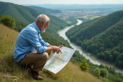 Géographe examinant une carte topographique en plein air