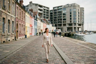 Femme se promenant sur le front de mer du Havre avec vue sur les façades normandes et l'architecture Perret