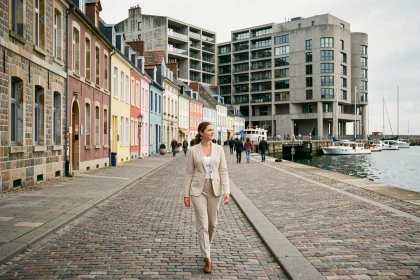 Femme se promenant sur le front de mer du Havre avec vue sur les façades normandes et l'architecture Perret