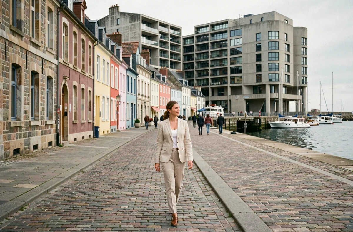 Femme se promenant sur le front de mer du Havre avec vue sur les façades normandes et l'architecture Perret