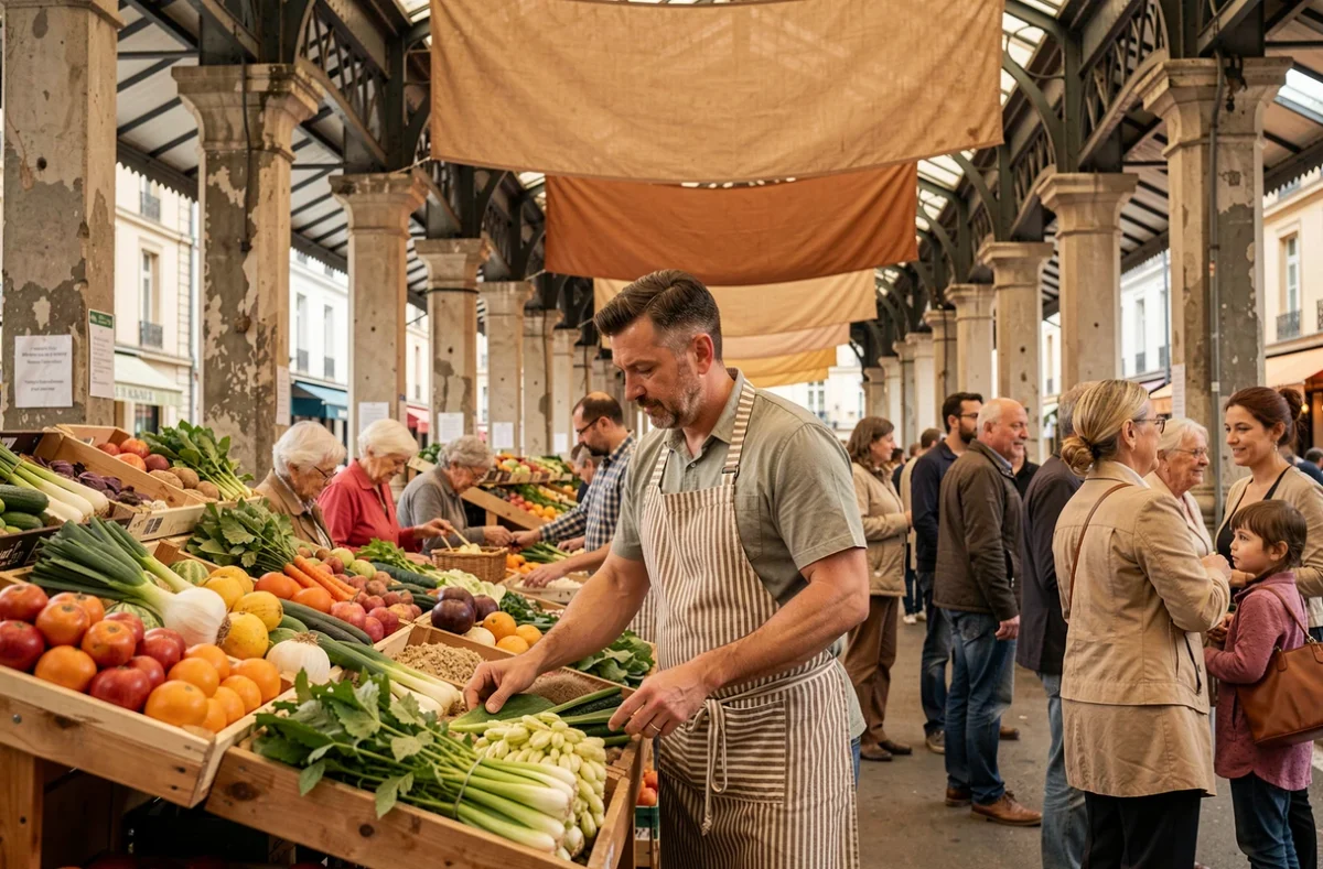 Marchand de fruits et légumes au marché couvert d'un quartier central du Havre entouré de clients
