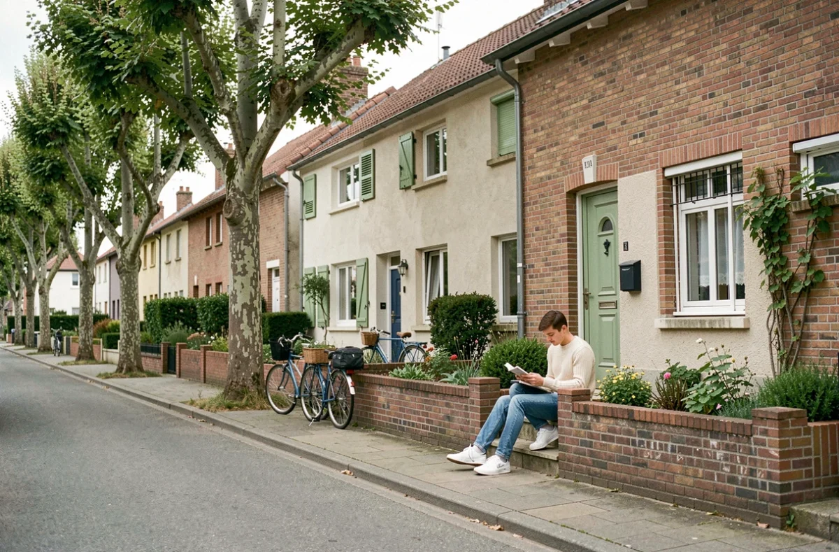 Couple détendu devant une maison de quartier résidentiel verdoyant du Havre avec vélos et jardin