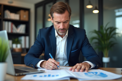 Homme d'affaires en costume analysant des documents financiers