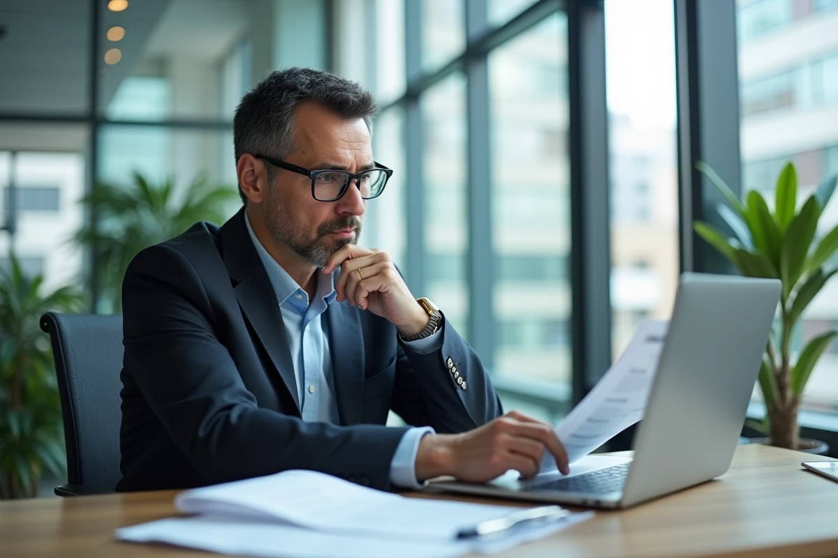 Homme d'affaires en costume analysant un rapport