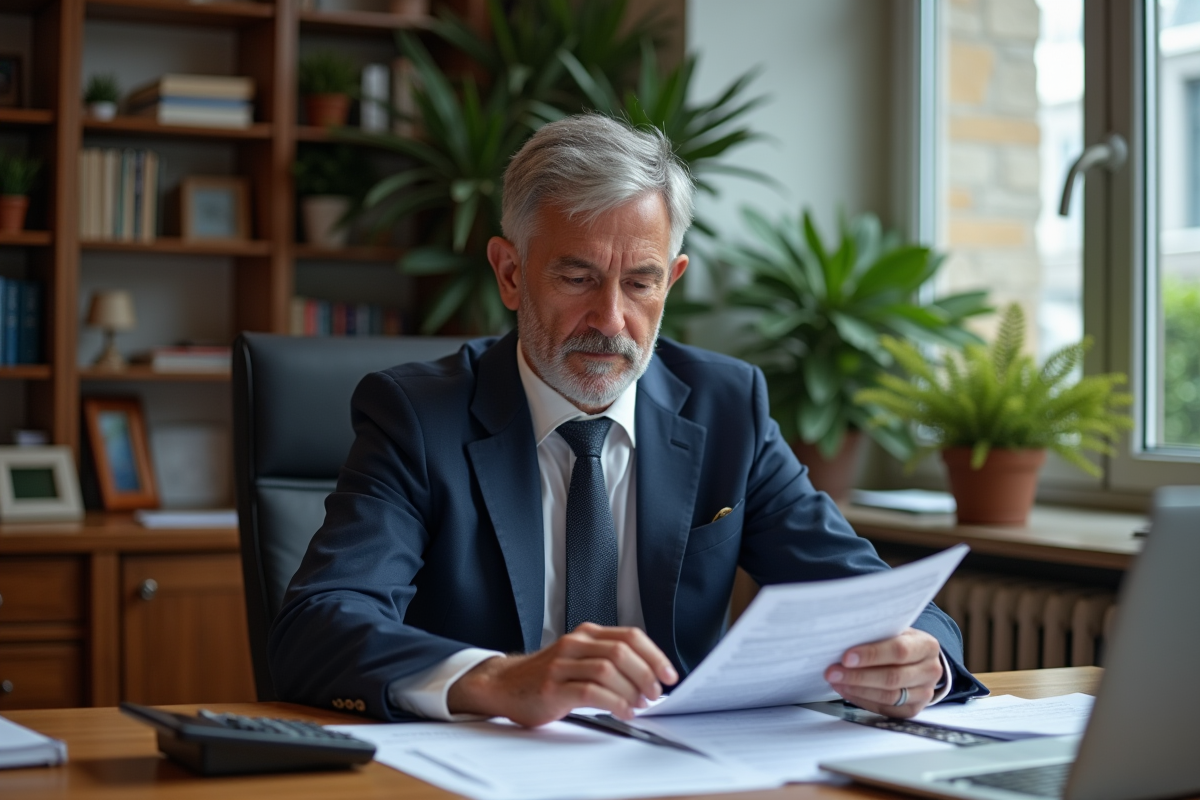 Homme d'affaires en costume étudiant un formulaire fiscal dans un bureau