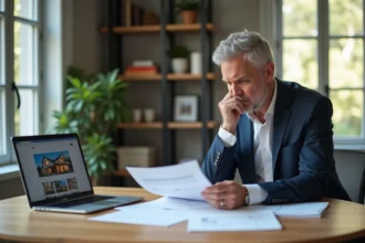 Homme d'âge moyen analysant des documents immobiliers dans un bureau lumineux