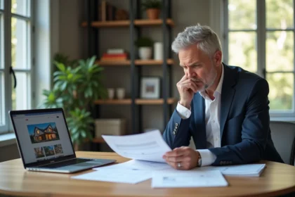Homme d'âge moyen analysant des documents immobiliers dans un bureau lumineux