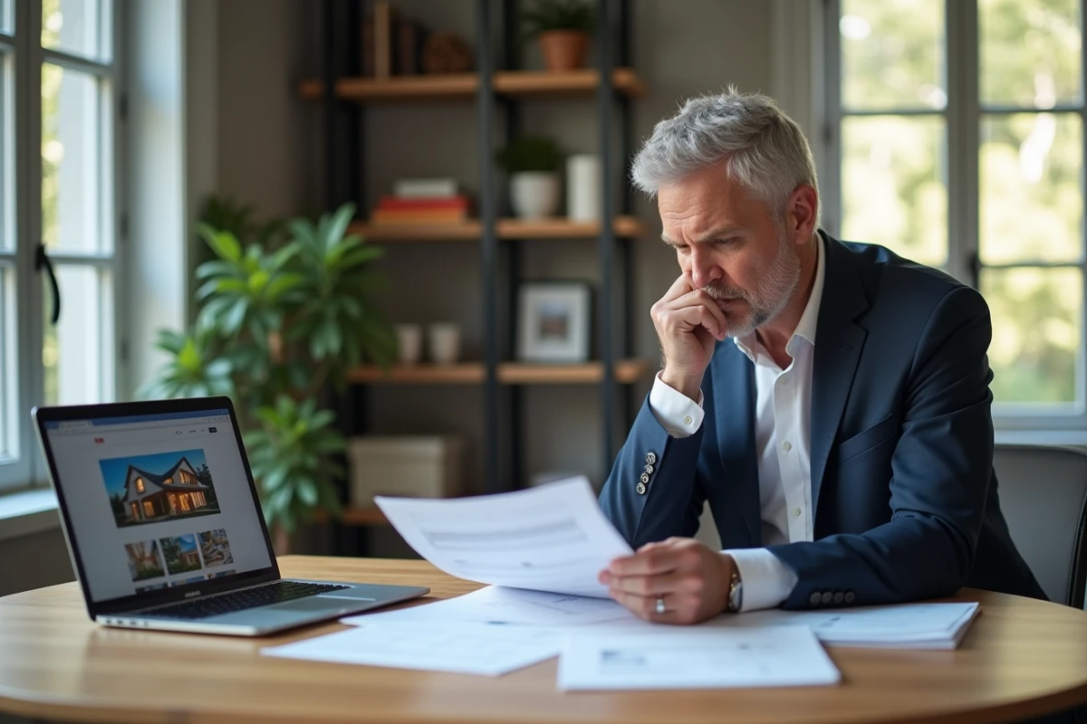 Homme d'âge moyen analysant des documents immobiliers dans un bureau lumineux