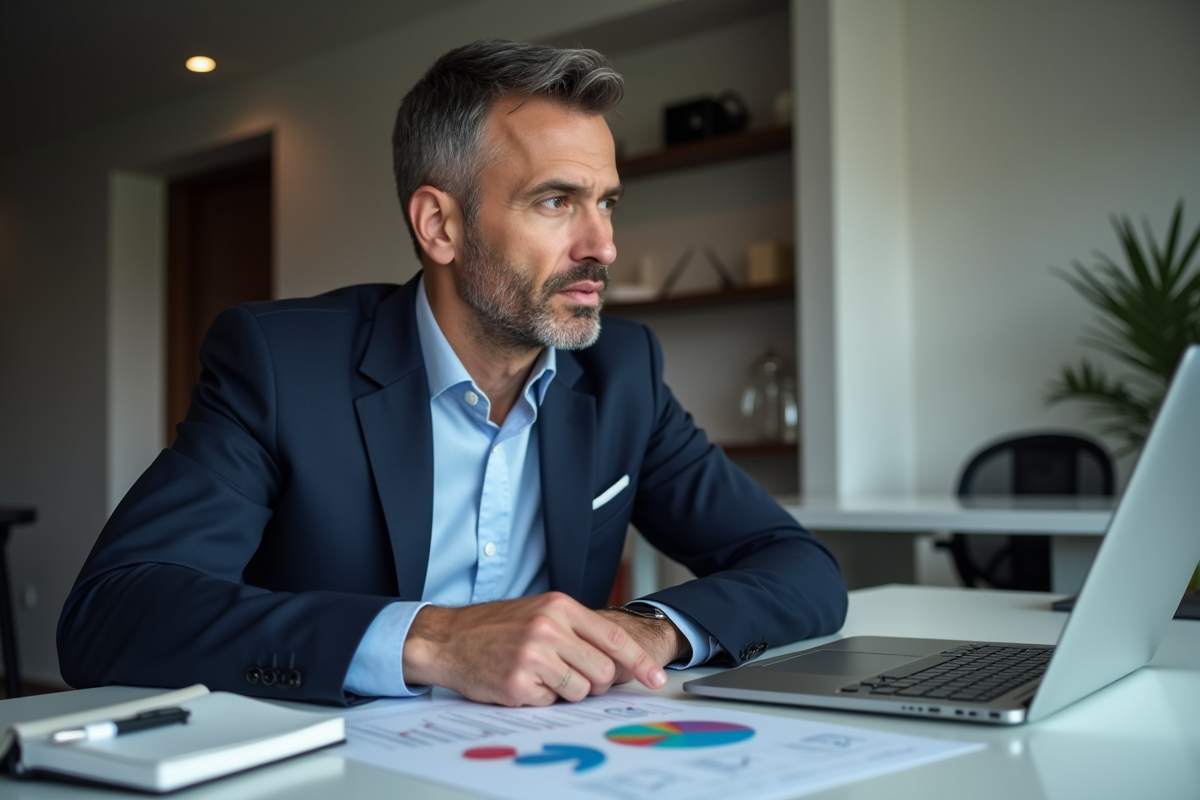 Homme en blazer analysant des graphiques financiers