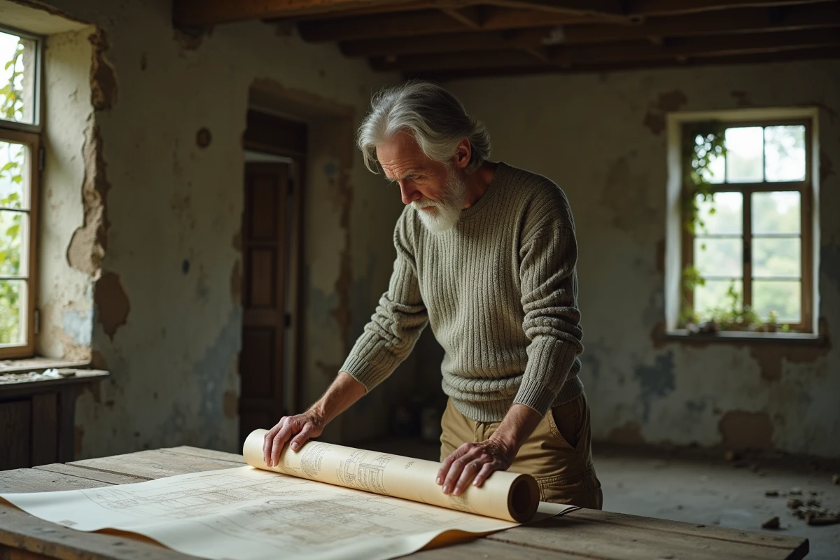 Homme étudiant des plans dans une maison en ruine