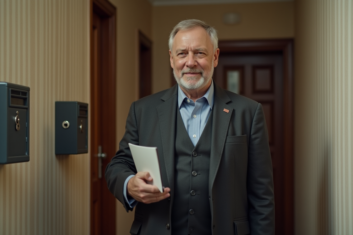 Homme en costume tenant des clés et un contrat dans un hall d