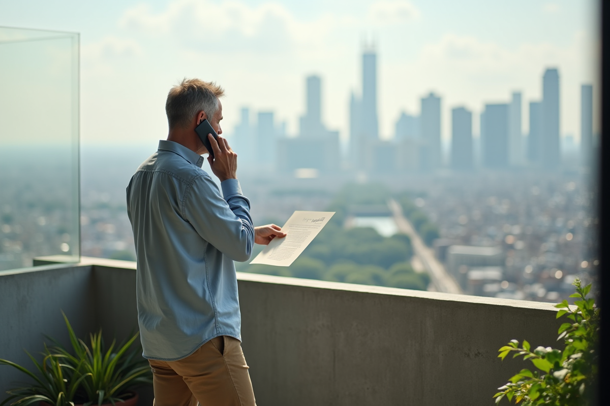 Homme sur balcon avec lettre d