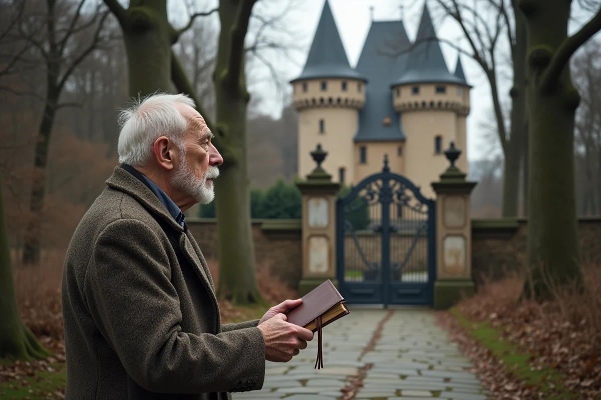 Homme âgé regardant les tours d un château en ruine dans un parc