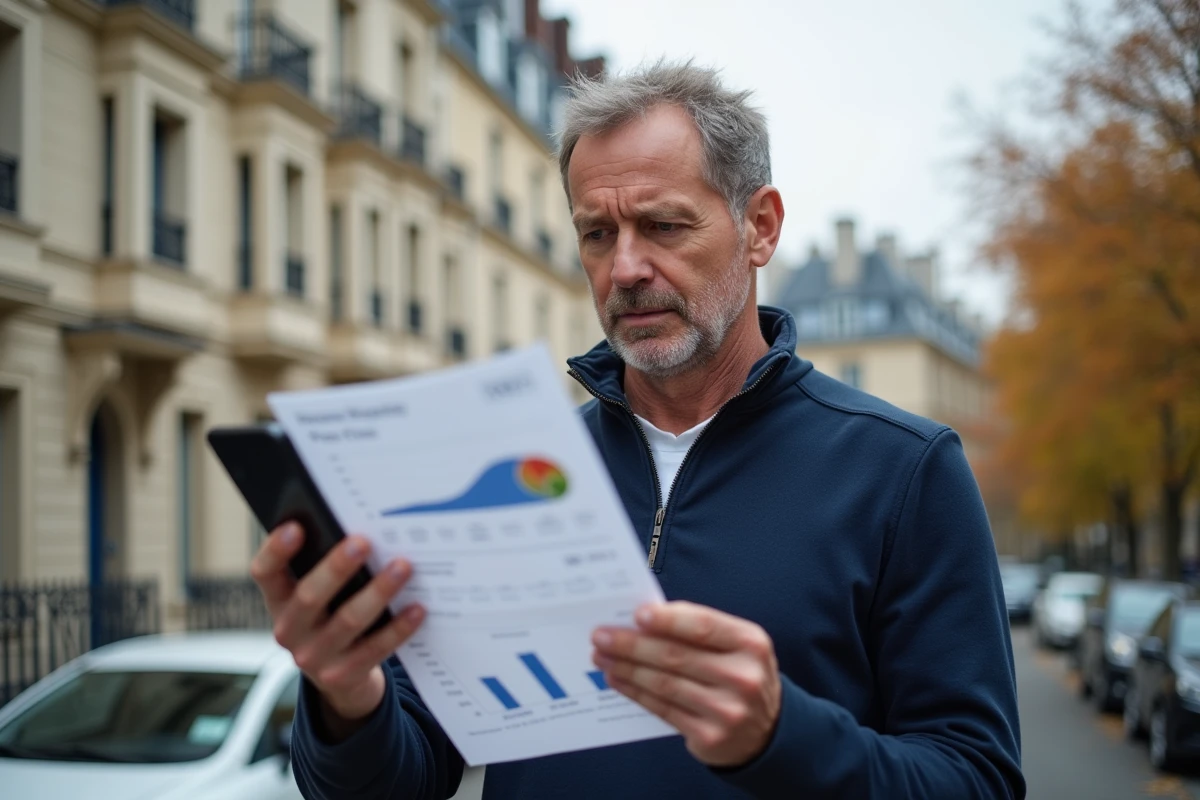 Homme comparant les prix immobiliers sur smartphone et document imprimé devant un immeuble parisien, évaluation d'un bien avec un outil de suivi des prix