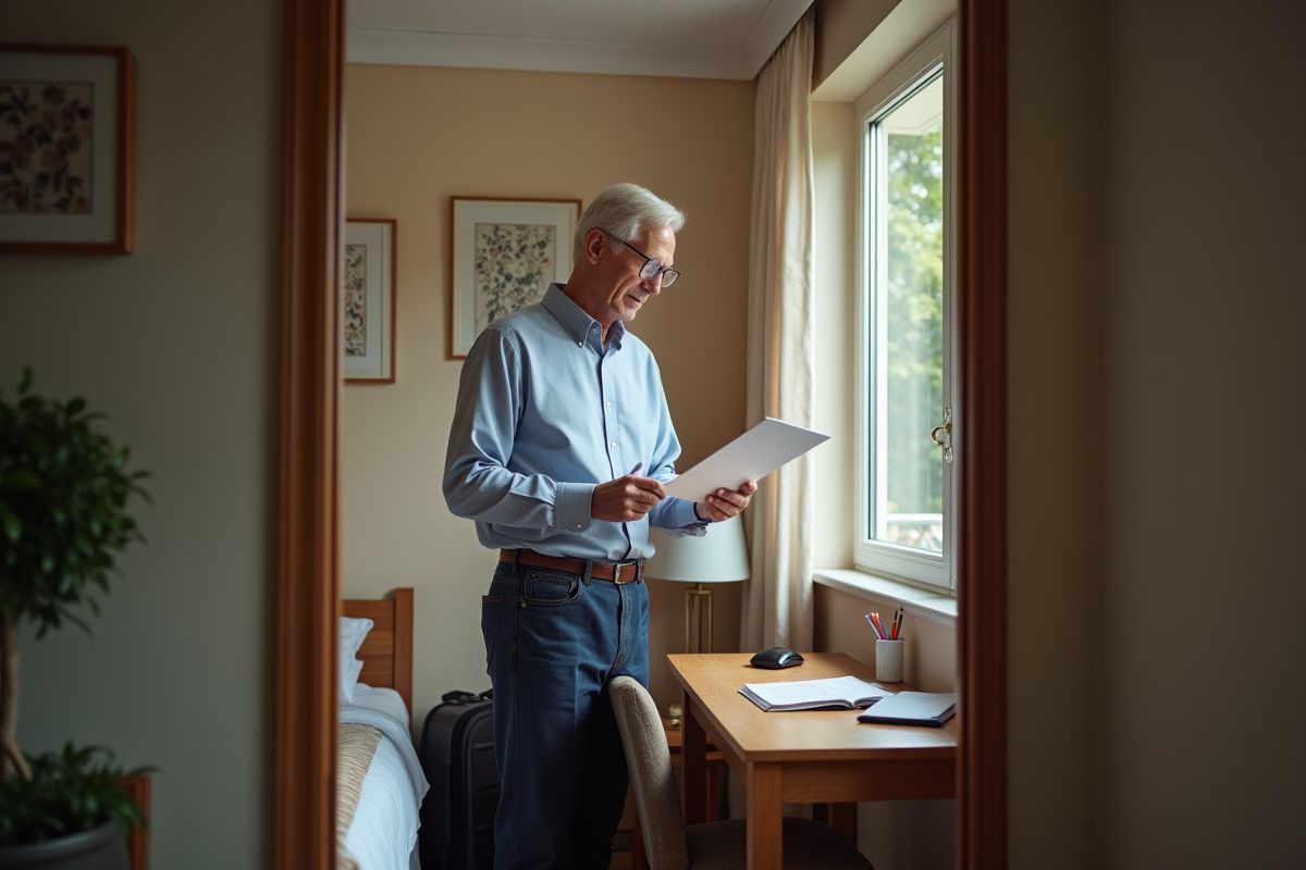 Homme examinant un contrat de location dans un studio cosy
