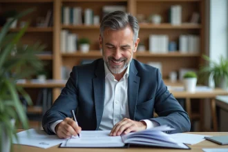 Homme d'âge moyen en blazer dans un bureau moderne lisant un dossier