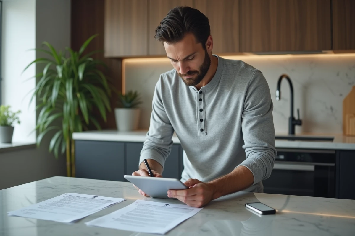 Homme consultant un formulaire en ligne sur tablette pour constituer une SCI sans avocat depuis chez lui