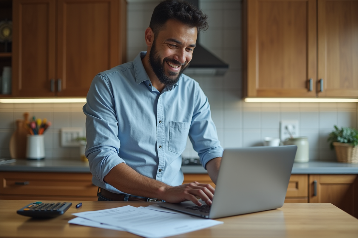 Homme à la maison gérant un prêt dans sa cuisine