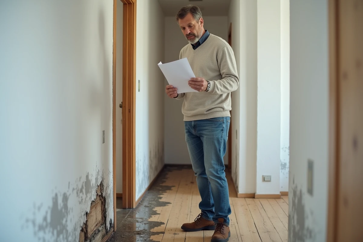 Homme inquiet observant dégâts d'eau dans un appartement