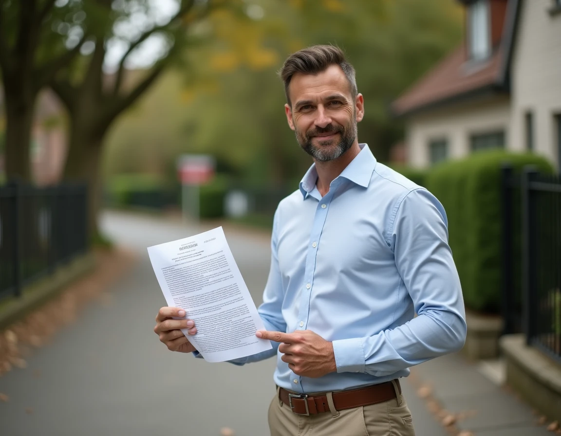 Homme tenant un modèle d'offre d'achat immobilier devant une maison avec panneau vendu