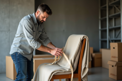 Homme emballant une chaise en bois dans un espace de stockage