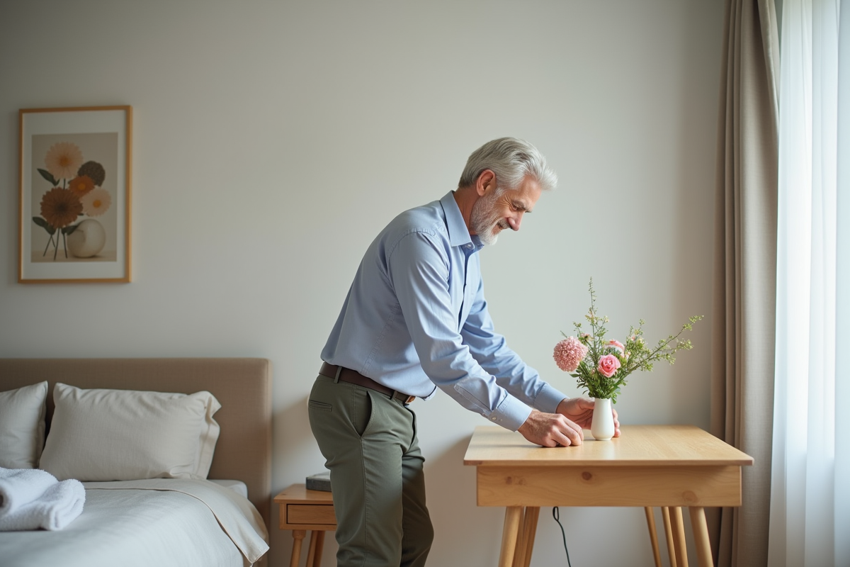 Homme posant des fleurs dans une chambre scandinave