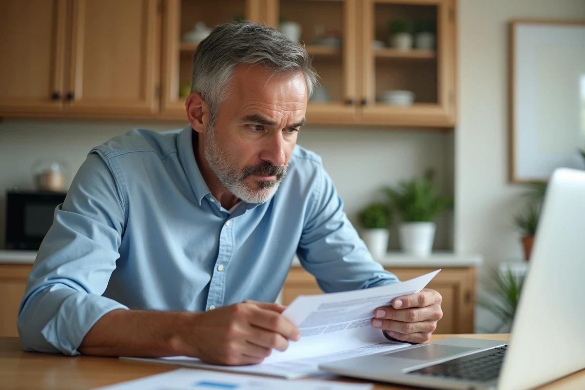 Homme d'âge moyen avec documents immobiliers dans une cuisine lumineuse