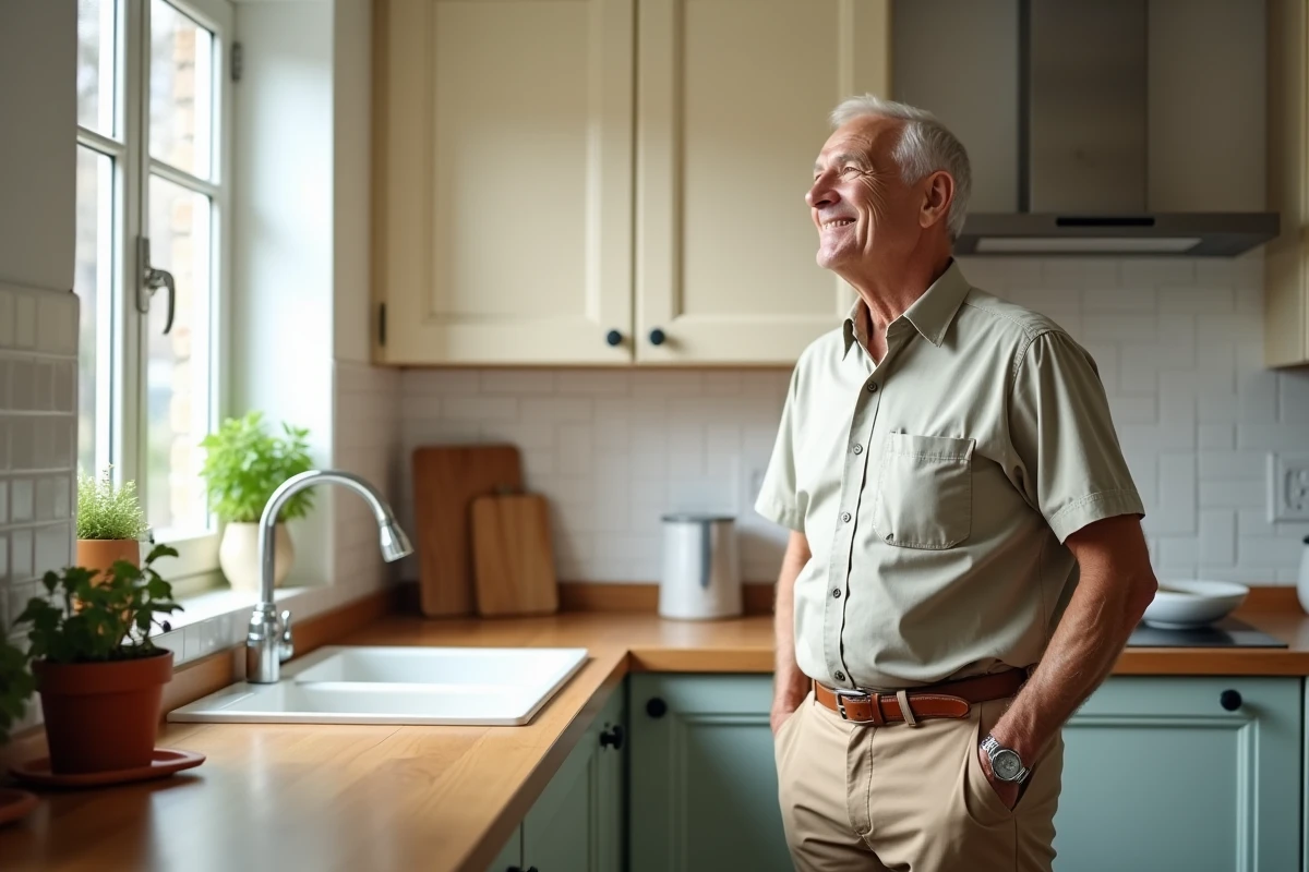 Homme âgé admirant des portes de cuisine repeintes