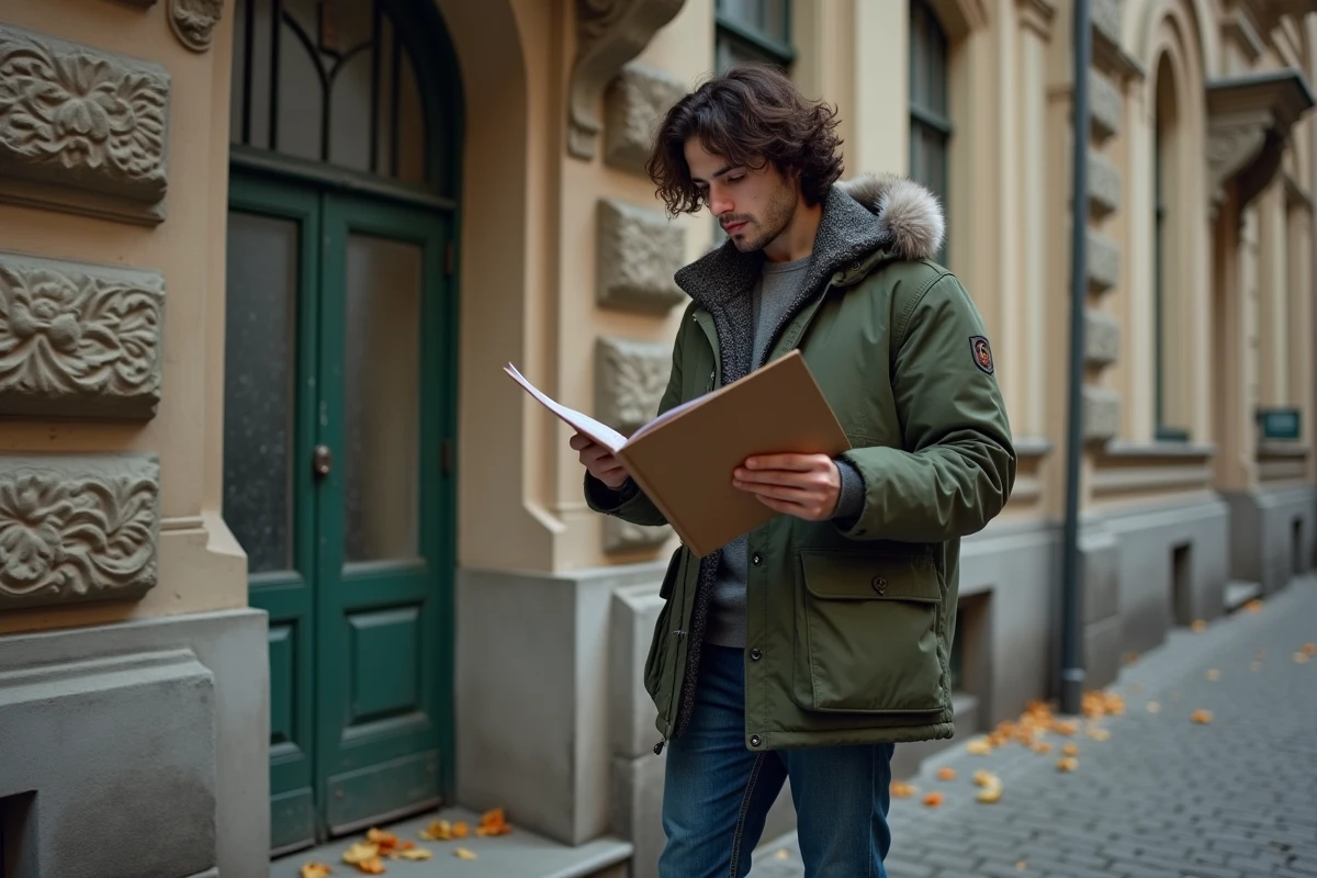 Homme lisant un document devant un bâtiment berlinois ancien