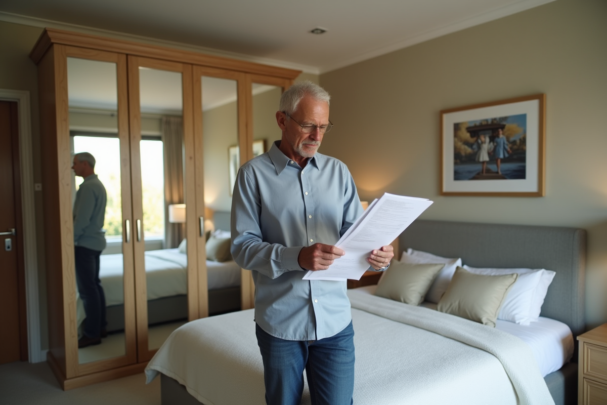 Homme examinant liste de location dans une chambre lumineuse