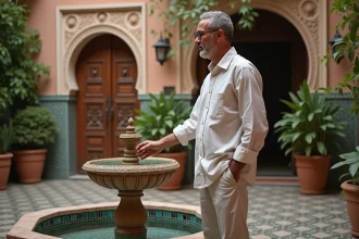 Homme marocain contemplant une fontaine dans un riad traditionnel