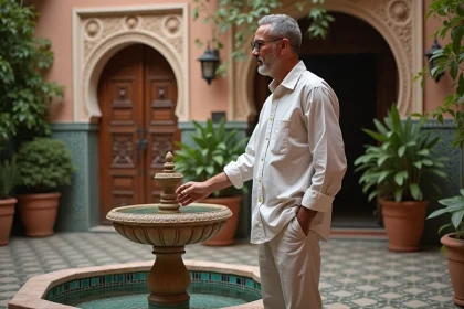 Homme marocain contemplant une fontaine dans un riad traditionnel