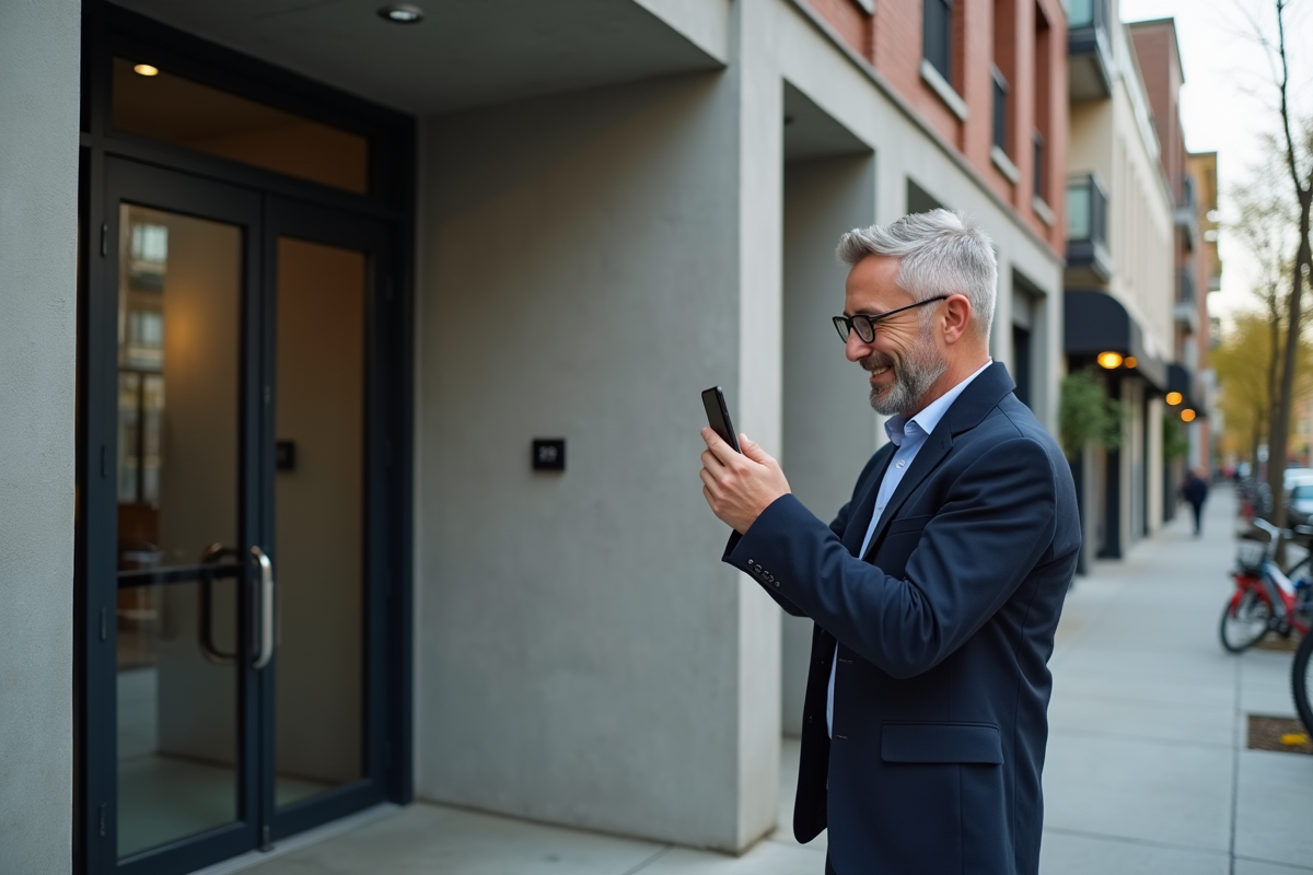 Homme souriant photographiant la façade d un immeuble pour une annonce