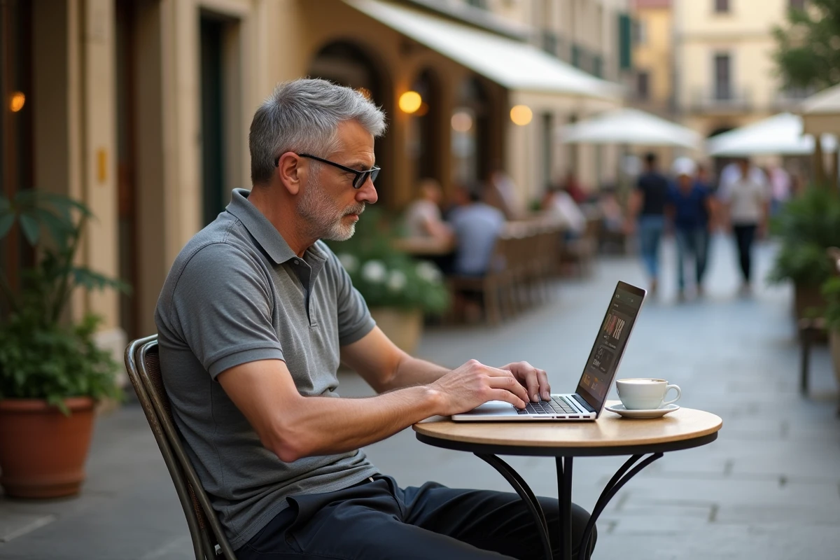 Homme analysant les statistiques et avis de quartiers niçois sur son ordinateur en terrasse de café
