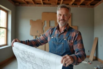 Homme en salopette déballant des plans dans une rénovation